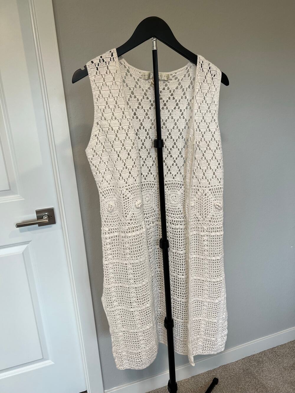 Bette Paige Crochet Sleeveless Duster Cardigan Boho Festival Cottagecore Vest